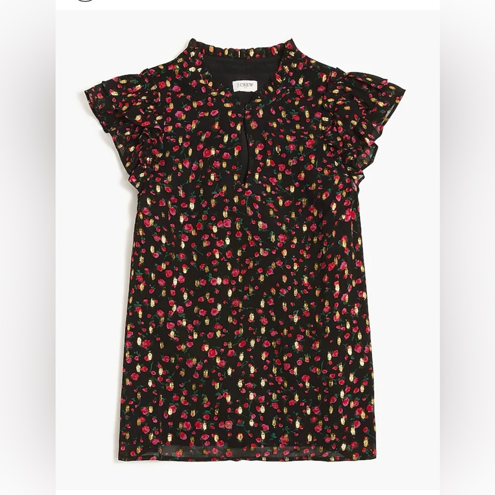 J Crew Floral Ruffle neck flutter sleeve top size XL NWT